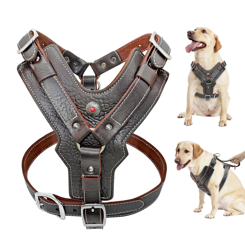 Durable Dog Harness Large Dogs Genuine Leather
