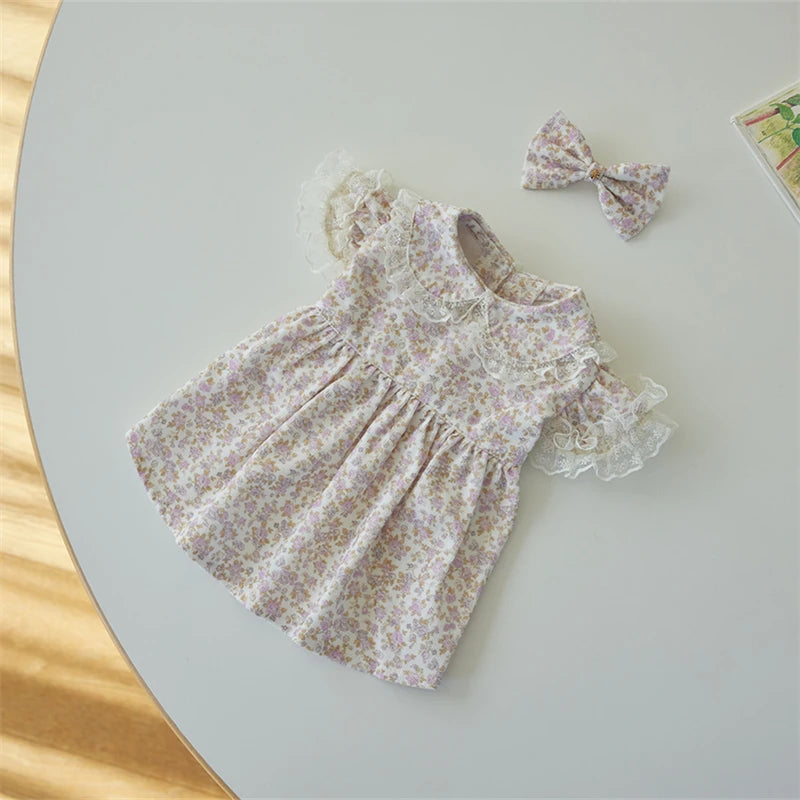 Floral Printed Lace Ruffle Flutter Sleeves Dress